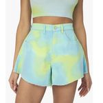 WEWOREWHAT Flare Bell Shorts in Green/Blue Tie Photo 0
