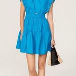 Line and Dot Blue Ruffle Cap Sleeve Mock Neck A-Line Poplin Mini Dress Size Large Photo 0