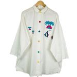Vintage Tropical Button Down Top Swim Cover Up Embroidered Jeweled Women Size 2X White Photo 0