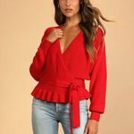 Lulus Red Knit Faux Wrap Sweater Deep V Photo 0