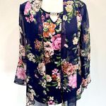 Navy Blue & Floral Top Attached Mesh Cardigan 3/4 Mesh Bell Sleeves Liz McCoy Photo 0