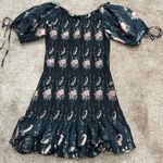 Love Shack Fancy  Black Flower Print Silk Violet Mini Dress Puff Sleeve XS Photo 2