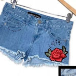 EXPRESS  Cut‎ Off Denim Shorts Size 0 Embroidered Floral Patch Distressed Jeans Photo 0