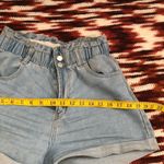 Light Wash Blue Denim Jean Paper Bag Elastic Scrunch Ruched Waist Shorts High Rise Mom Fit Cuffed Photo 3