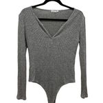 Socialite Gray Ribbed V-Neck Long Sleeve Bodysuit Photo 0