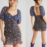 Free People  X REVOLVE Tessa Mini Dress Black Blue Ditsy Floral Ruched Lined M Photo 1
