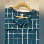 L.L. Bean Size S Cotton Collarless Teal Ivory Plaid Long Sleeve Popover Shirt Blue Photo 1