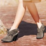 Joie  Loren Fringe Gray Suede Chunky Heel Booties Size 38 Western Boho Photo 1