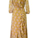 JessaKae Floral Cascading Ruffled Faux Wrap Midi Dress Mustard Blush Size Small Yellow Photo 8