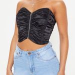 Blue Blush Black Satin Cropped Ruched Strapless Zip Cami Photo 0
