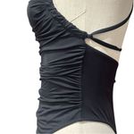 None Solid Black Ruched Square Neck Cheeky One-Piece Swimsuit Size Medium Photo 5