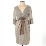BCBGMAXAZRIA  Striped Sheath Stretch Dress Beige Bow Ruffle Sleeve Size Small Photo 4