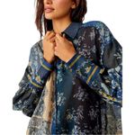 Free People We The Flower Patch Button Down Flowy Blouse Indigo Blue Combo XS Photo 2