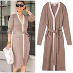 CAbi  Women's Small Genteel Cardigan Belted Long Knit Taupe Sweater small Photo 1