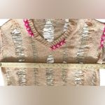 POL Women’s Size Medium Distressed Peach Sweater With Pink Stitch Details Photo 5