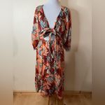 Nicholas Asilah floral linen long sleeve cutout tie midi dress 10 Red Photo 1