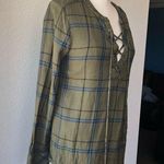 Sanctuary pullover top green blue plaid longline side slit tie front Photo 1