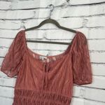 Iris  Lace Peplum Blouse Women’s L Dusty Rose Sheer Puff Sleeve Romantic Top Photo 6