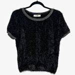 Natural Life Black Fuzzy Knit Short Sleeve Sweater Top Gray Trim Size Large Photo 1