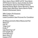  Jeans Size 6 W28"xL27.5" Zara Basic Z1975 Denim Skinny Jeans Ankle Zip Gray Photo 1