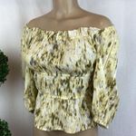 Sam Edelman Ivory & Green Print Cropped 3/4 Sleeve Peasant Bohemian Blouse Top L Photo 1