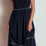 Boden Navy Smocked Trim Maxi Dress Tiered Ruffle Trim Empire Waist Size 16/18 White Photo 0