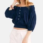 Free People  Dancing Navy Off Shoulder Top Small Till Dawn Smocked Button Photo 6