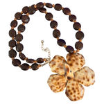 Vtg Shell Flower Pendant Wood Bead Necklace Earrings Set Vacation Beach Estate Brown Photo 0