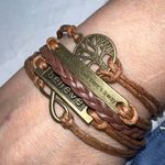 Multi‎ Strand Leather and Brass Tone Sayings Bracelet Brown Photo 1