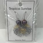 Women’s Monstera Leaf Blue Pearl Shepherd Hook Stainless Steel Earring NWT Photo 0