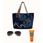 Tommy Hilfiger  Nautical Anchor Canvas Tote Bag Navy & Green with Brown Handles Photo 1