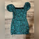 Lulus  Going Gorgeous Shiny Teal Jacquard Puff Sleeve Mini Dress Photo 3