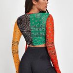 SheIn Women Ruched Drawstring Side Paisley Colorblock Sheer Mesh Crop Top Sz L Photo 2