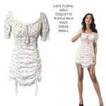 GIRLY RUFFLE LACE FLORAL MILK MADE RUCHED TIE UP DRESS SMALL. White Photo 1