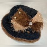 Knit Hat Women Fuzzy Bow Pearls Black Brown Cottage Style Crochet Photo 1