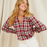 Garnet Hill Organic-Cotton Plaid Popover Medium NWT Red Black Cream Photo 0