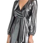 French Connection Silver Metallic Drape Faux Wrap Mini Dress Long Sleeves size 4 Photo 0