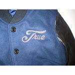 True Religion New Womens Varsity Leather Jacket XS Dark Navy Blue Black Logo Photo 5