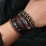 6 Pcs Set Vintage Style PU‎ Leather Stylish Bracelets with Retro Look Brown Photo 0