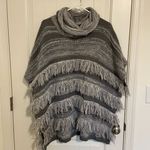 EUC New York & Company women’s gray white cowl neck fringe stripe poncho sweater Photo 0