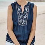 J Jill Denim Indigo Chambray Embroidered Sleeveless Blouse 100%‎ Lyocell Boho S Blue Photo 0