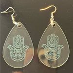 Handmade Hamsa Engraved Clear Acrylic Teardrop Earrings Light Blue Silver New Photo 0