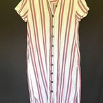 Loft linen rayon pockets white pink striped button front midi dress women's 8 Photo 0