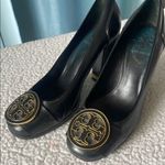 Tory Burch Black and Gold Chunky Heel Pumps with Gold Ornament Photo 1