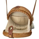 Women's Tan Cream Mother of Pearl Rattan Round Tassel Boho Crossbody Tote Bag Photo 5