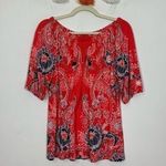 Talbots  Off Shoulder Red Paisley Bandana Print Blouse Size Medium Photo 0