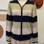 None Vintage 90s Sage Green, Navy Wide Striped Zip Up Cotton Cardigan Sweater Photo 5