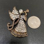 Monet Vintage  Signed Antique Brass-tone Rhinestone Angel Playing Trumpet Brooch Photo 4