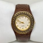 Avon women gold brown tone watch 33mm round case quartz cuff bangle running Photo 0