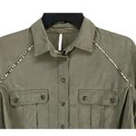 Free People Off Campus Shirt Womens XS Moss Green Tencel Metallic Boho Utility Photo 3